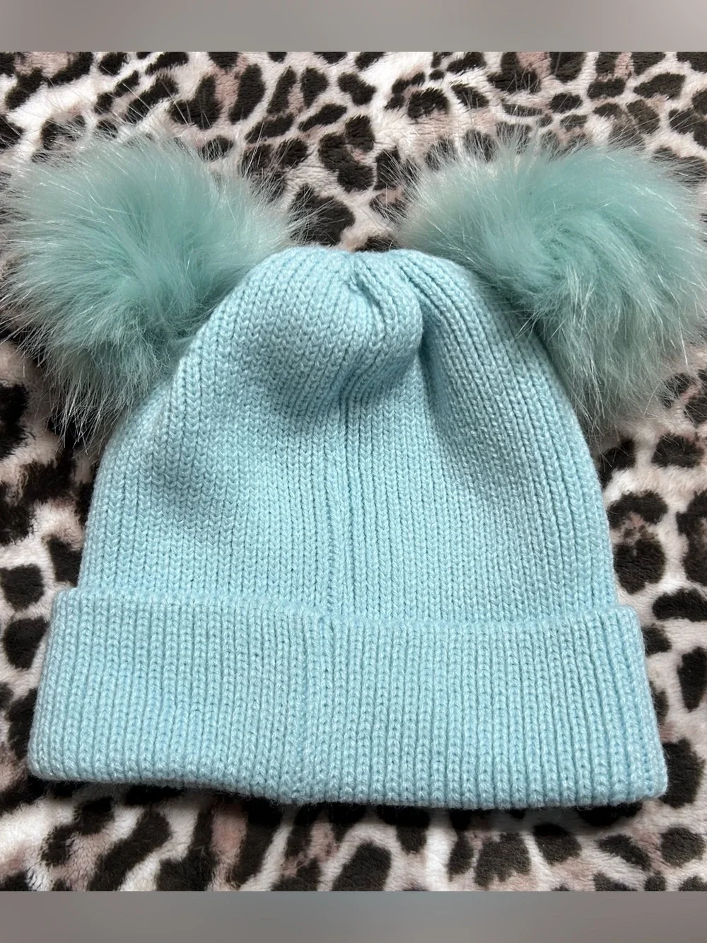 Teddy Fresh Light Blue Knit Double Pom Beanie with Bear Patch